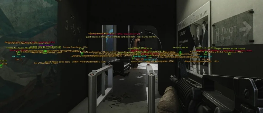 Escape from Tarkov dense ESP with loot labels, BEAR and USEC PMCs, quest objective and Boss Kolontay
