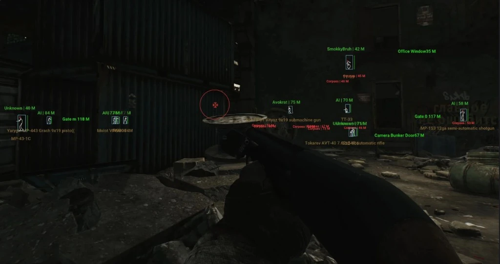 Escape from Tarkov ESP with player names, skeletons, loot weapons and extract distances